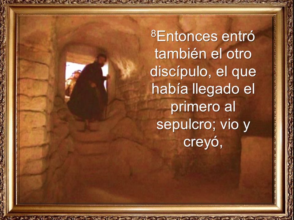 8Entonces entró también el otro discípulo, el que había llegado el primero al sepulcro; vio y creyó,