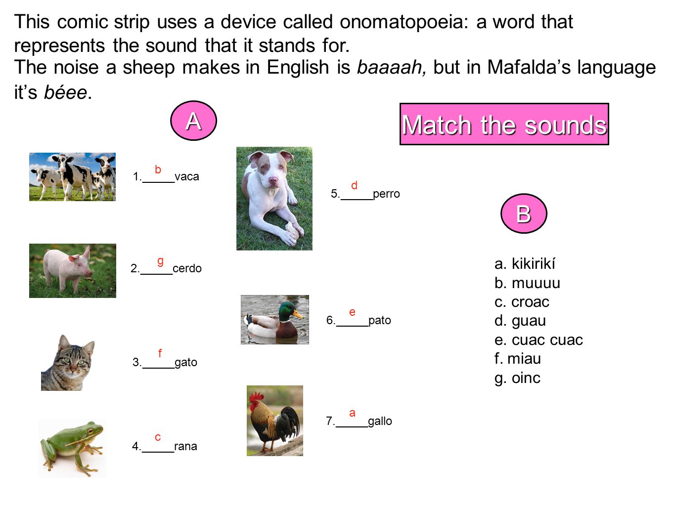 This comic strip uses a device called onomatopoeia: a word that represents the sound that it stands for.