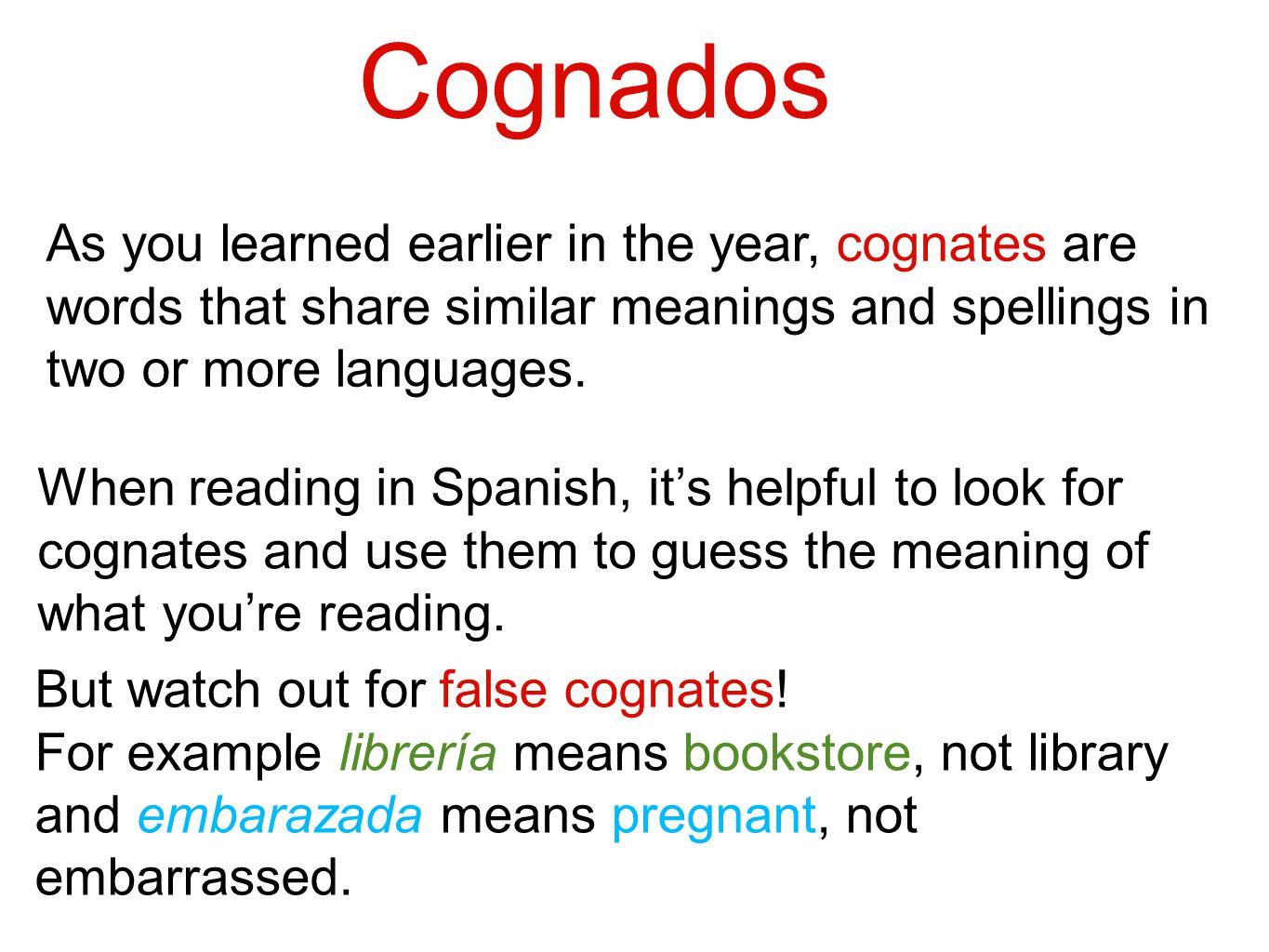 Cognados As you learned earlier in the year, cognates are words that share similar meanings and spellings in two or more languages.