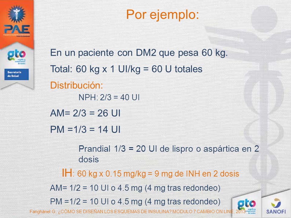 Por ejemplo: IH: 60 kg x 0.15 mg/kg = 9 mg de INH en 2 dosis