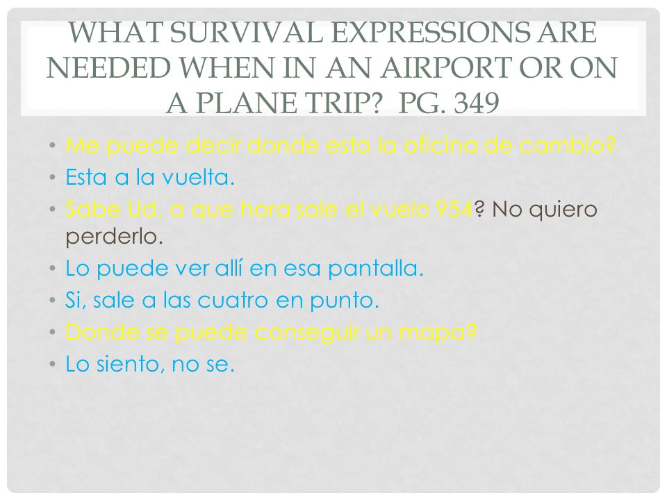 What survival expressions are needed when in an airport or on a plane trip pg. 349