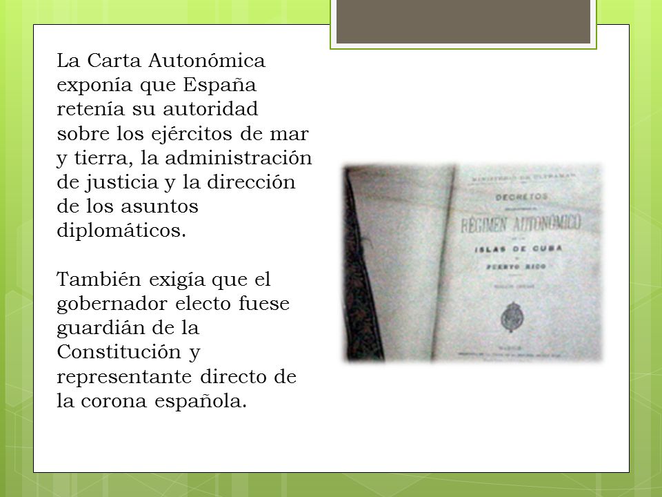 La Carta Autonómica exponía que España retenía su autoridad sobre los ejércitos de mar y tierra, la administración de justicia y la dirección de los asuntos diplomáticos.