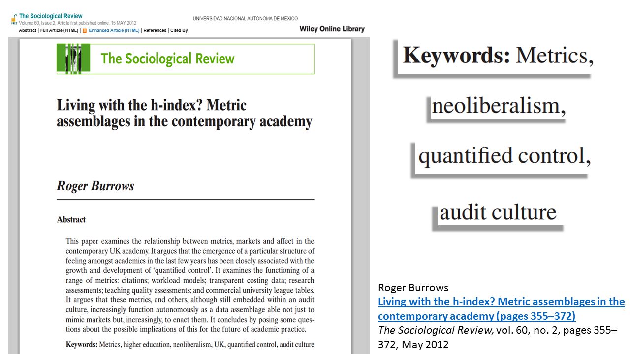 Roger Burrows Living with the h-index Metric assemblages in the contemporary academy (pages 355–372)
