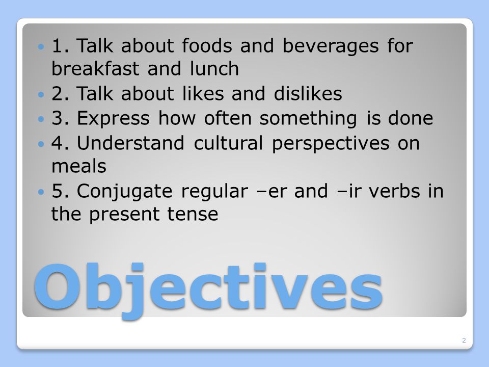 Objectives 1. Talk about foods and beverages for breakfast and lunch