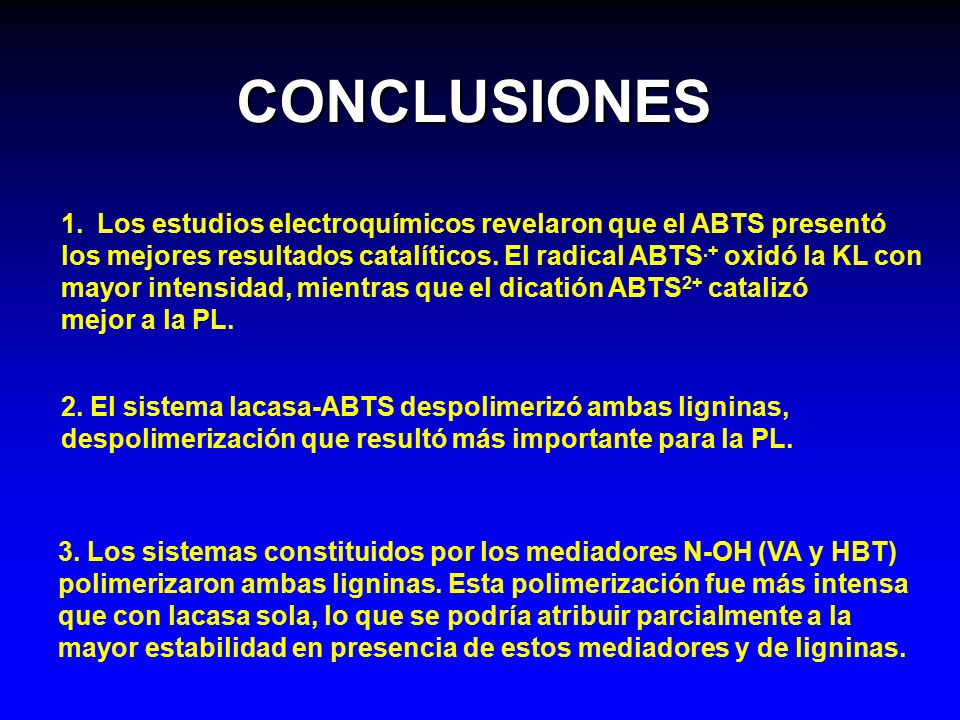CONCLUSIONES Los estudios electroquímicos revelaron que el ABTS presentó. los mejores resultados catalíticos. El radical ABTS.+ oxidó la KL con.