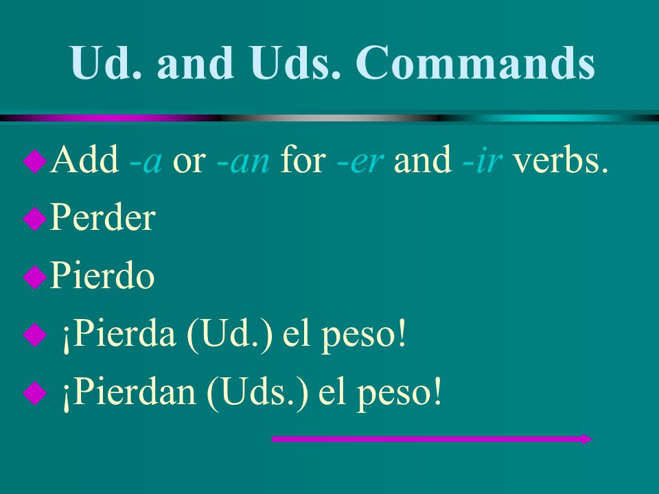 Ud. and Uds. Commands Add -a or -an for -er and -ir verbs. Perder