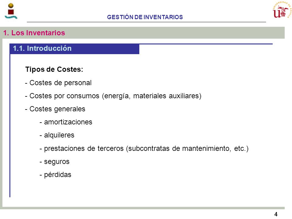 1. Los Inventarios 1.1. Introducción. Tipos de Costes: Costes de personal. Costes por consumos (energía, materiales auxiliares)