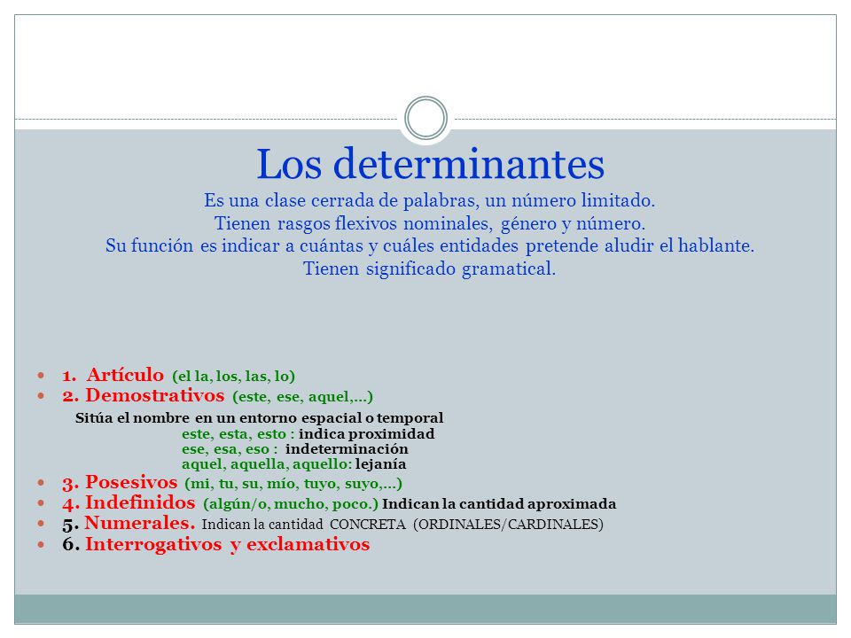 Los determinantes Es una clase cerrada de palabras, un número limitado