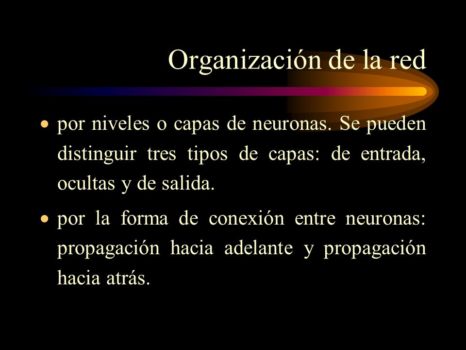 Organización de la red por niveles o capas de neuronas. Se pueden distinguir tres tipos de capas: de entrada, ocultas y de salida.