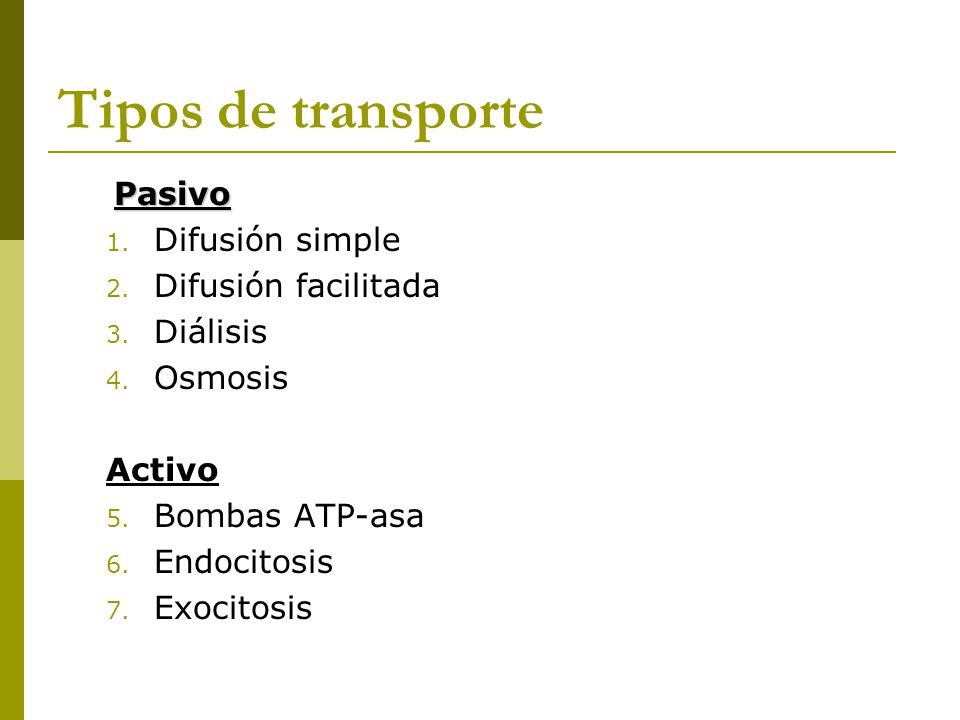 Tipos de transporte Pasivo Difusión simple Difusión facilitada