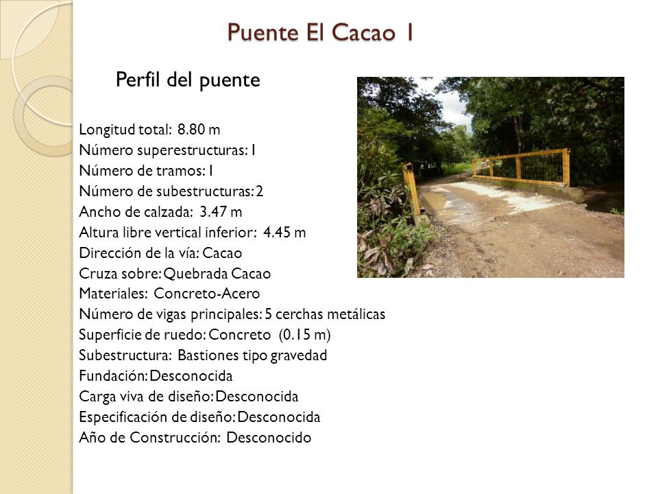 Puente El Cacao 1 Perfil del puente Longitud total: 8.80 m