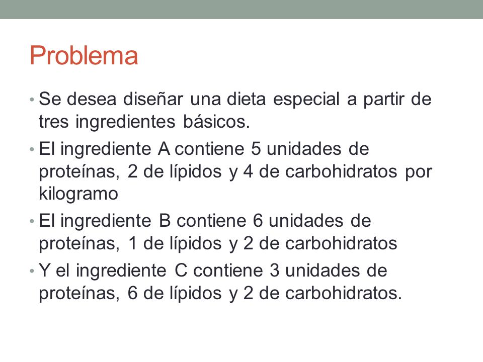 Problema Se desea diseñar una dieta especial a partir de tres ingredientes básicos.