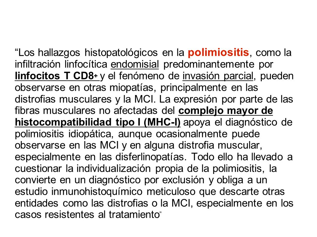 Los hallazgos histopatológicos en la polimiositis, como la infiltración linfocítica endomisial predominantemente por linfocitos T CD8+ y el fenómeno de invasión parcial, pueden observarse en otras miopatías, principalmente en las distrofias musculares y la MCI.