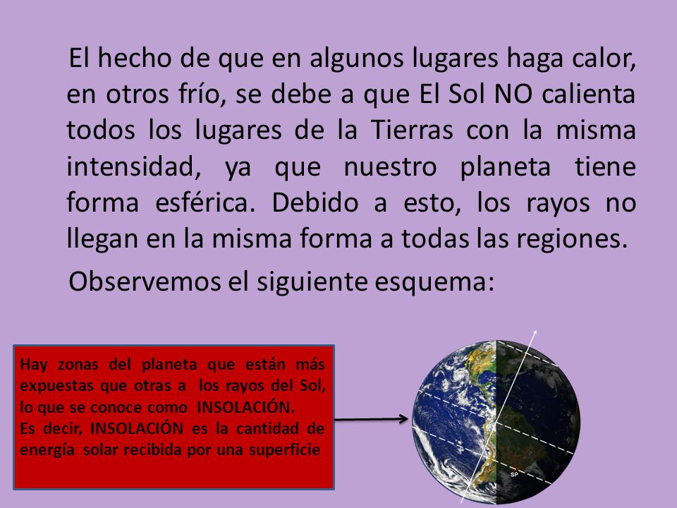El hecho de que en algunos lugares haga calor, en otros frío, se debe a que El Sol NO calienta todos los lugares de la Tierras con la misma intensidad, ya que nuestro planeta tiene forma esférica. Debido a esto, los rayos no llegan en la misma forma a todas las regiones. Observemos el siguiente esquema:
