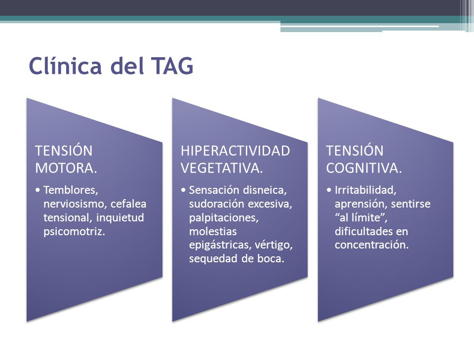Clínica del TAG TENSIÓN MOTORA. Temblores, nerviosismo, cefalea tensional, inquietud psicomotriz. HIPERACTIVIDAD VEGETATIVA.