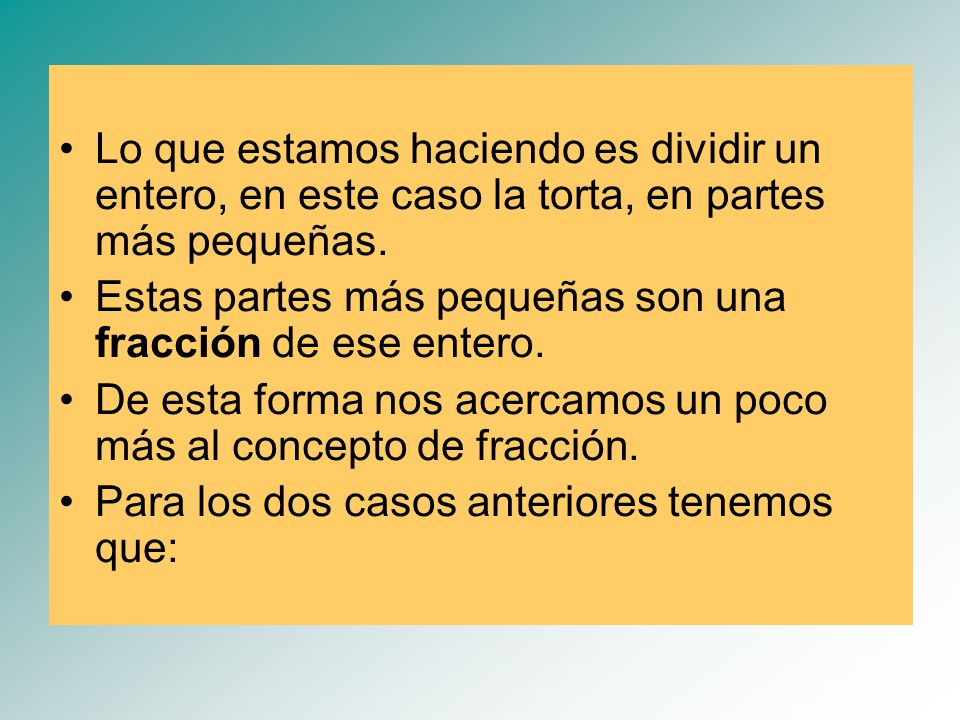 Lo que estamos haciendo es dividir un entero, en este caso la torta, en partes más pequeñas.