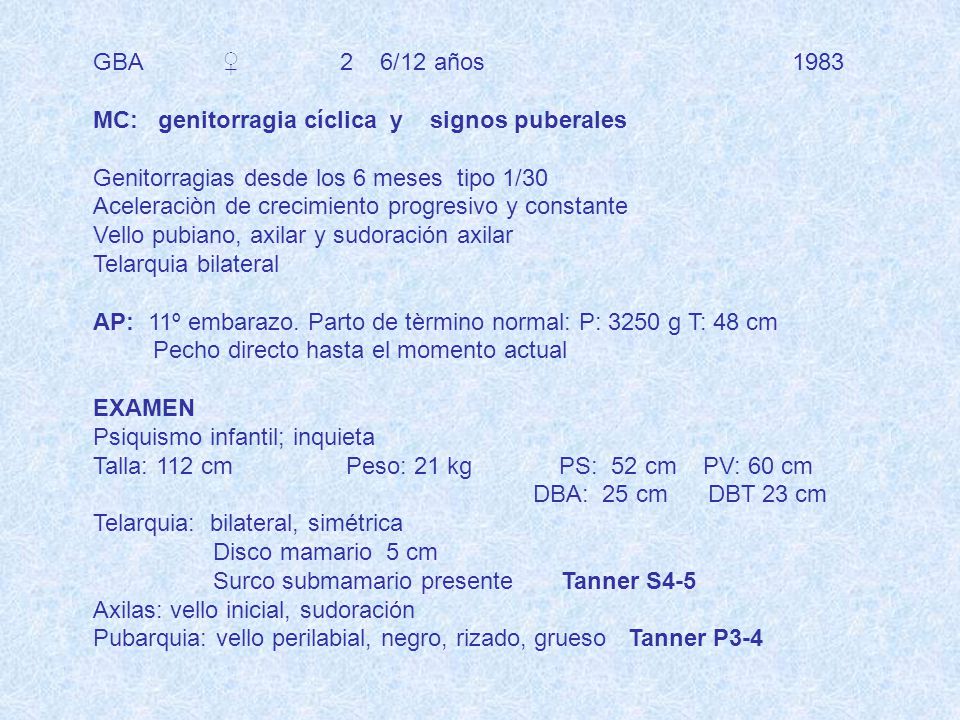 GBA ♀ 2 6/12 años 1983 MC: genitorragia cíclica y signos puberales.