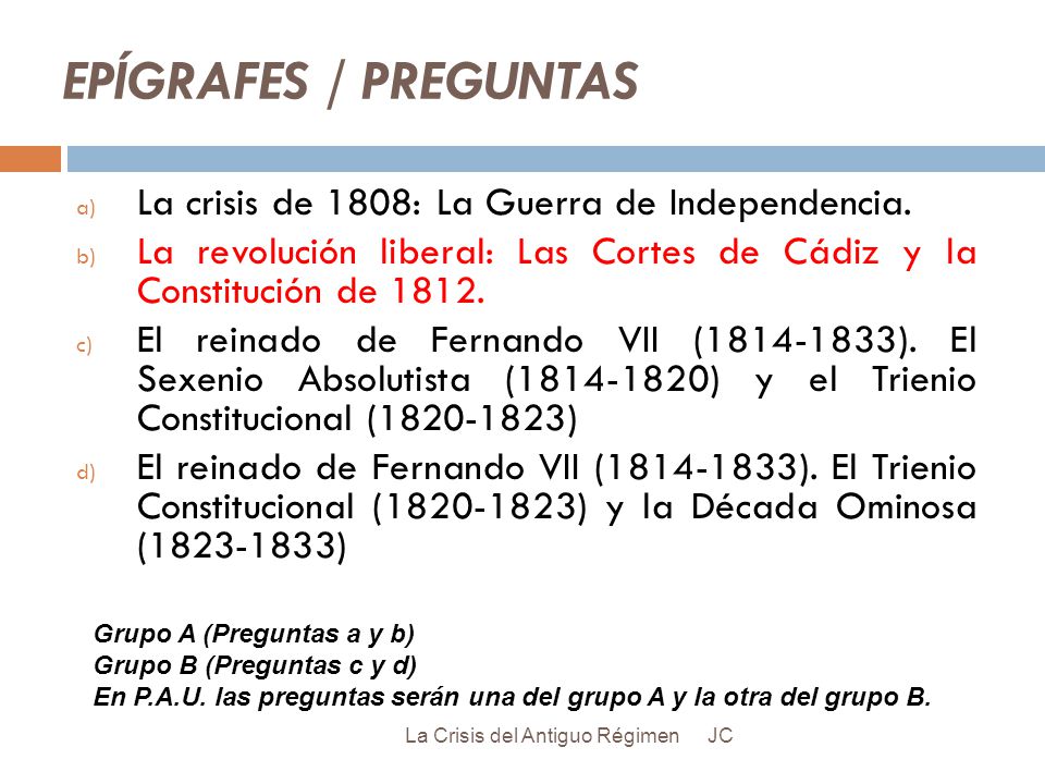 EPÍGRAFES / PREGUNTAS La crisis de 1808: La Guerra de Independencia.