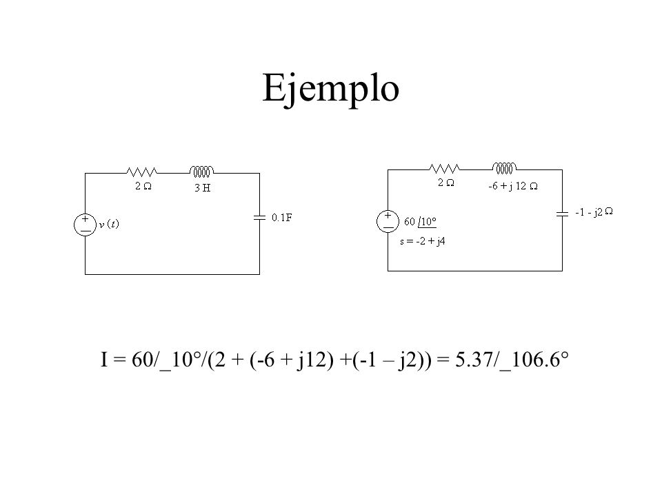 Ejemplo I = 60/_10°/(2 + (-6 + j12) +(-1 – j2)) = 5.37/_106.6°