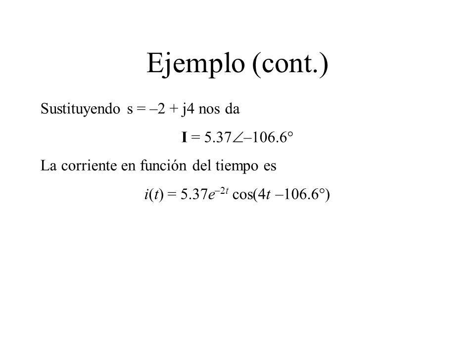 Ejemplo (cont.) Sustituyendo s = –2 + j4 nos da I = 5.37–106.6°