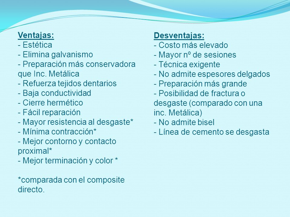 Ventajas: Estética. Elimina galvanismo. Preparación más conservadora que Inc. Metálica. Refuerza tejidos dentarios.