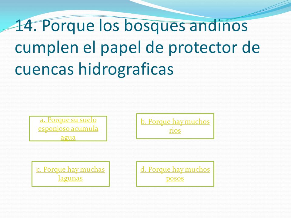 14. Porque los bosques andinos cumplen el papel de protector de cuencas hidrograficas
