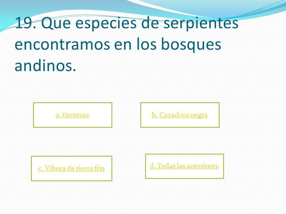 19. Que especies de serpientes encontramos en los bosques andinos.