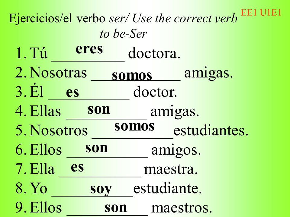 Ejercicios/el verbo ser/ Use the correct verb to be-Ser