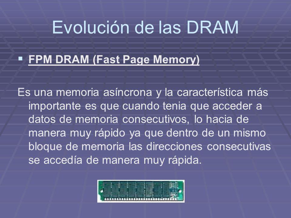 Evolución de las DRAM FPM DRAM (Fast Page Memory)