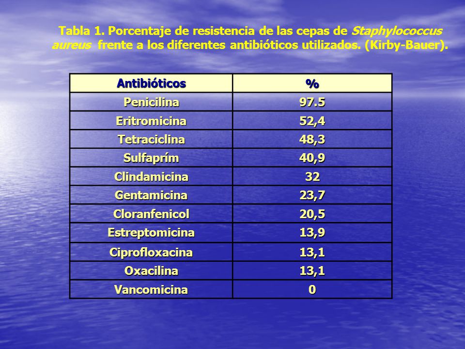 Tabla 1. Porcentaje de resistencia de las cepas de Staphylococcus aureus frente a los diferentes antibióticos utilizados. (Kirby-Bauer).