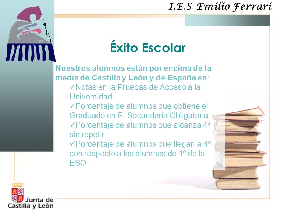 Éxito Escolar Nuestros alumnos están por encima de la media de Castilla y León y de España en: Notas en la Pruebas de Acceso a la Universidad.