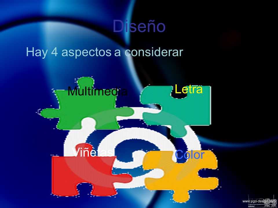 Diseño Hay 4 aspectos a considerar: Letra Multimedia Viñetas Color