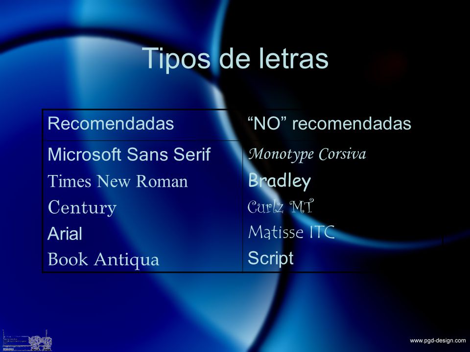 Tipos de letras Recomendadas NO recomendadas Microsoft Sans Serif