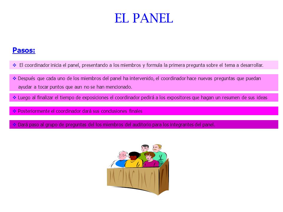 EL PANEL Pasos: El coordinador inicia el panel, presentando a los miembros y formula la primera pregunta sobre el tema a desarrollar.