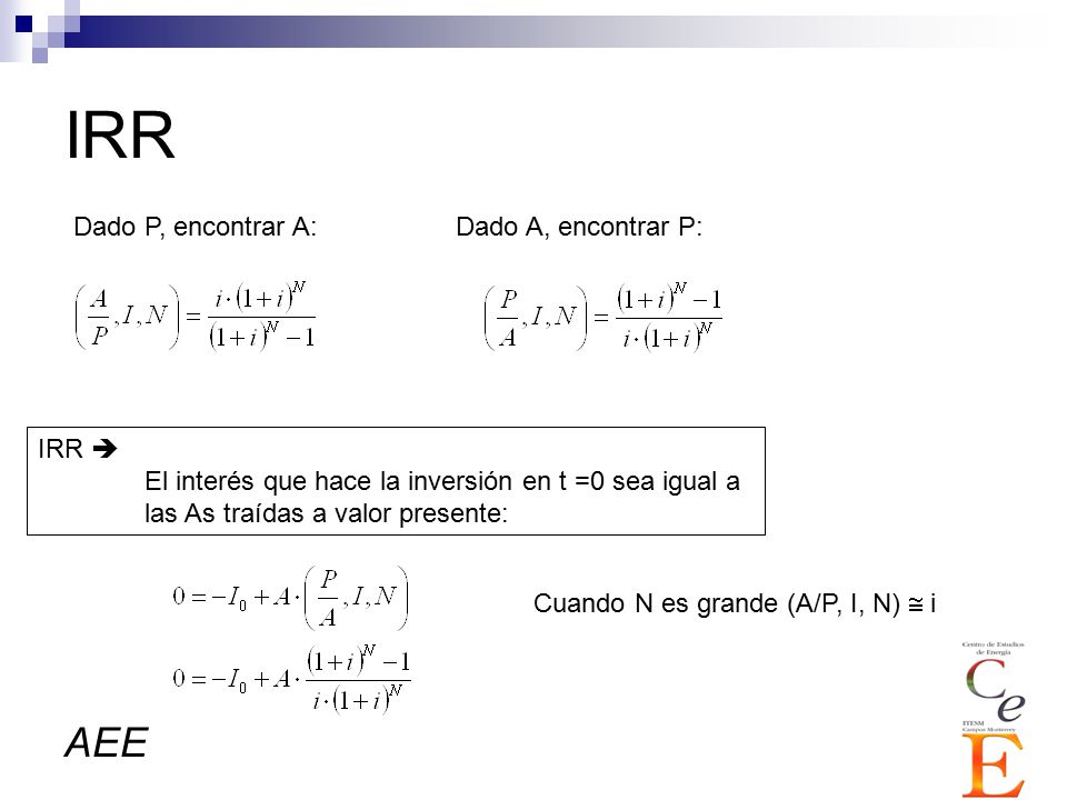 IRR Dado P, encontrar A: Dado A, encontrar P: IRR 
