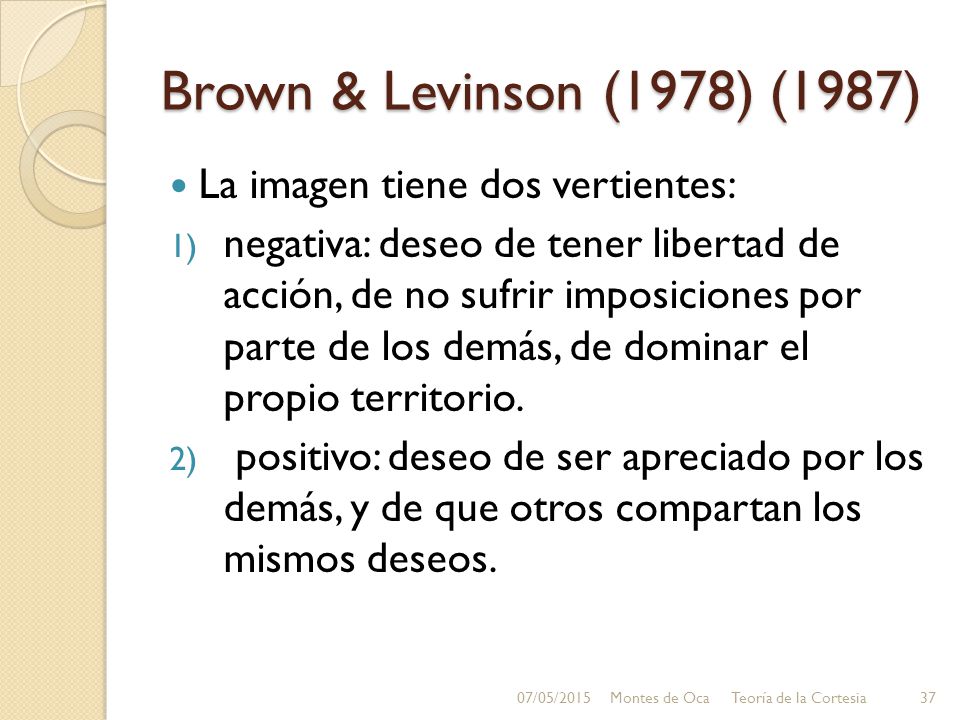 Brown & Levinson (1978) (1987) La imagen tiene dos vertientes: