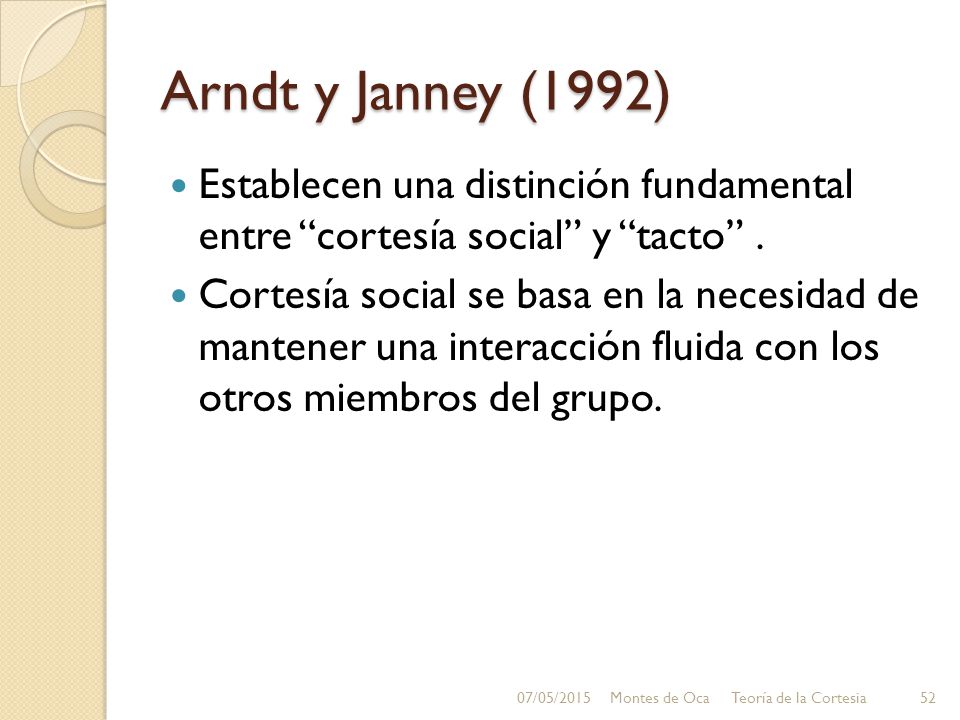Arndt y Janney (1992) Establecen una distinción fundamental entre cortesía social y tacto .