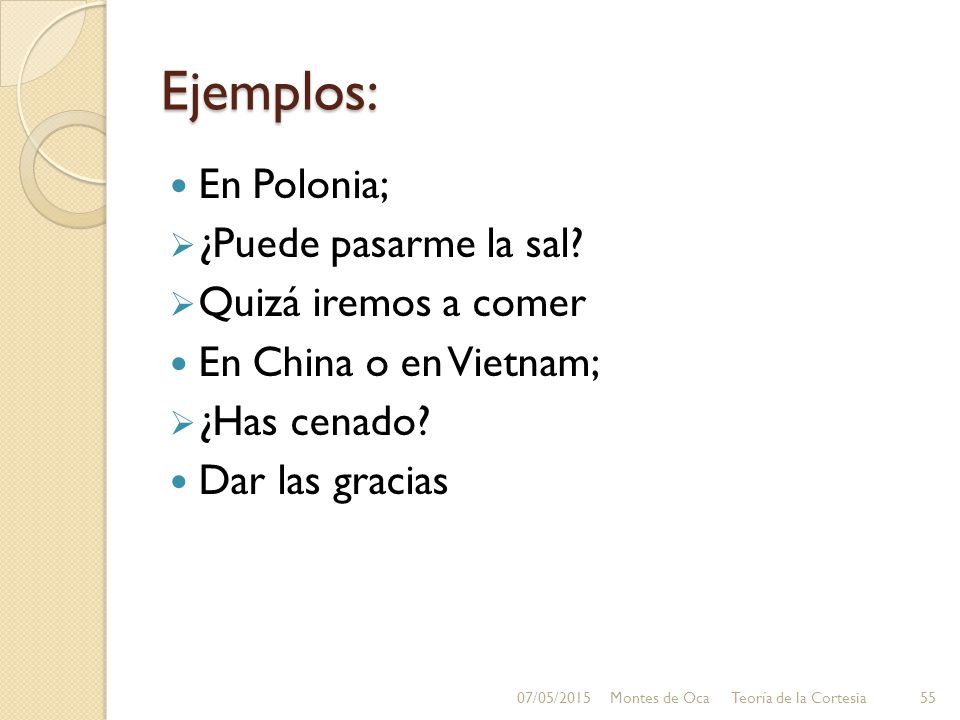 Ejemplos: En Polonia; ¿Puede pasarme la sal Quizá iremos a comer