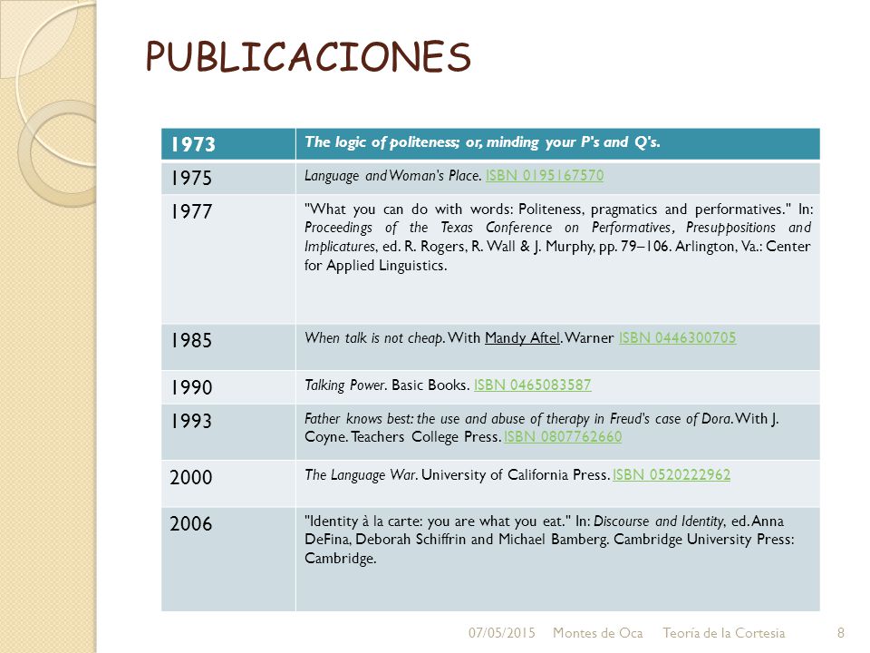 PUBLICACIONES The logic of politeness; or, minding your P s and Q s Language and Woman s Place. ISBN