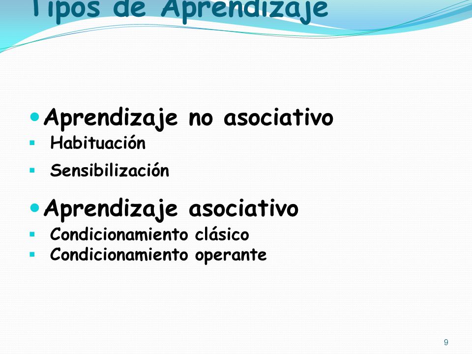 Tipos de Aprendizaje Aprendizaje no asociativo Aprendizaje asociativo