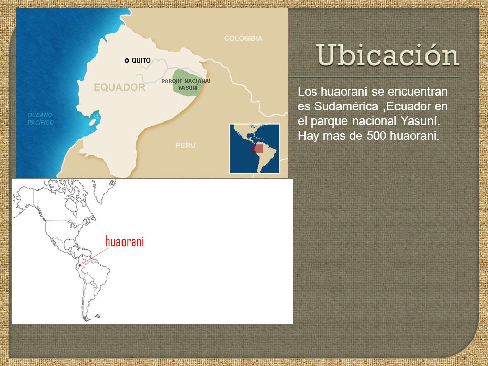 Ubicación Los huaorani se encuentran es Sudamérica ,Ecuador en el parque nacional Yasuní.