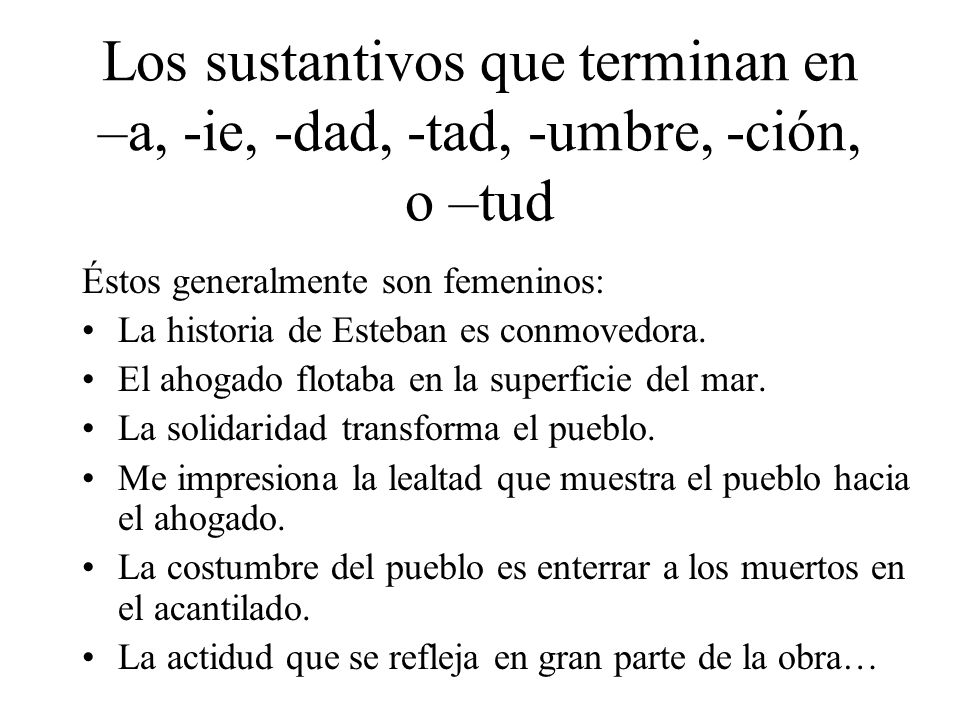 Los sustantivos que terminan en –a, -ie, -dad, -tad, -umbre, -ción, o –tud
