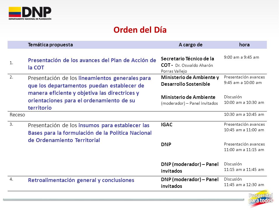 Orden del Día Presentación de los avances del Plan de Acción de la COT