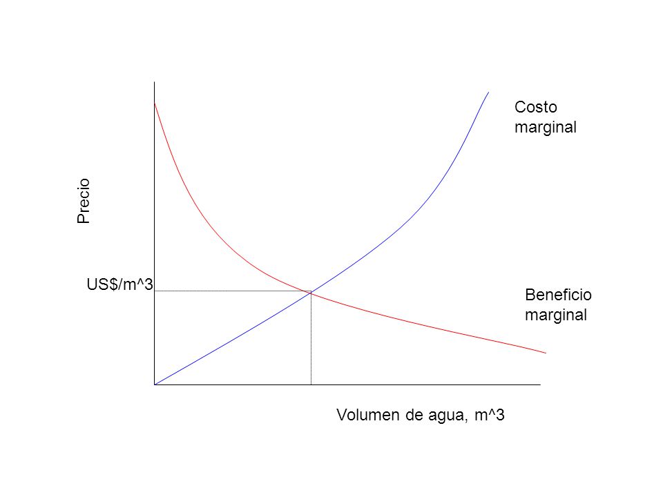 Costo marginal Precio US$/m^3 Beneficio marginal Volumen de agua, m^3