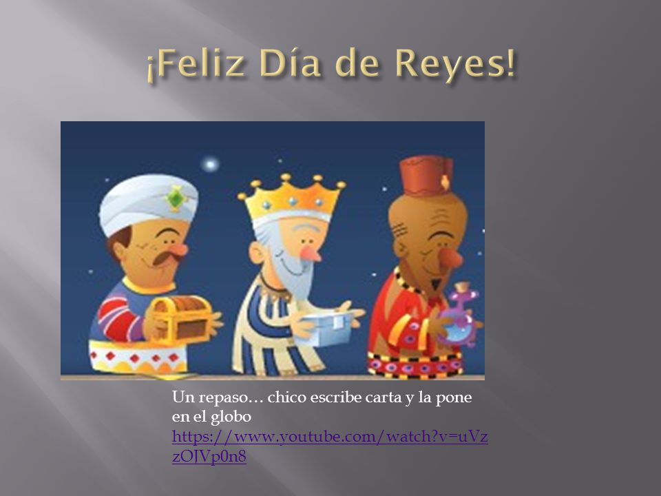 ¡Feliz Día de Reyes. Un repaso… chico escribe carta y la pone en el globo.