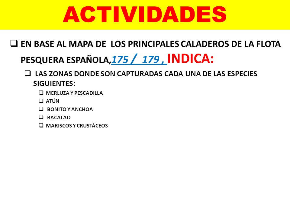 ACTIVIDADES EN BASE AL MAPA DE LOS PRINCIPALES CALADEROS DE LA FLOTA PESQUERA ESPAÑOLA,175 / 179 , INDICA: