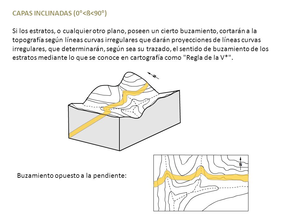 CAPAS INCLINADAS (0°<ß<90°) Si los estratos, o cualquier otro plano, poseen un cierto buzamiento, cortarán a la topografía según líneas curvas irregulares que darán proyecciones de líneas curvas irregulares, que determinarán, según sea su trazado, el sentido de buzamiento de los estratos mediante lo que se conoce en cartografía como Regla de la V* .