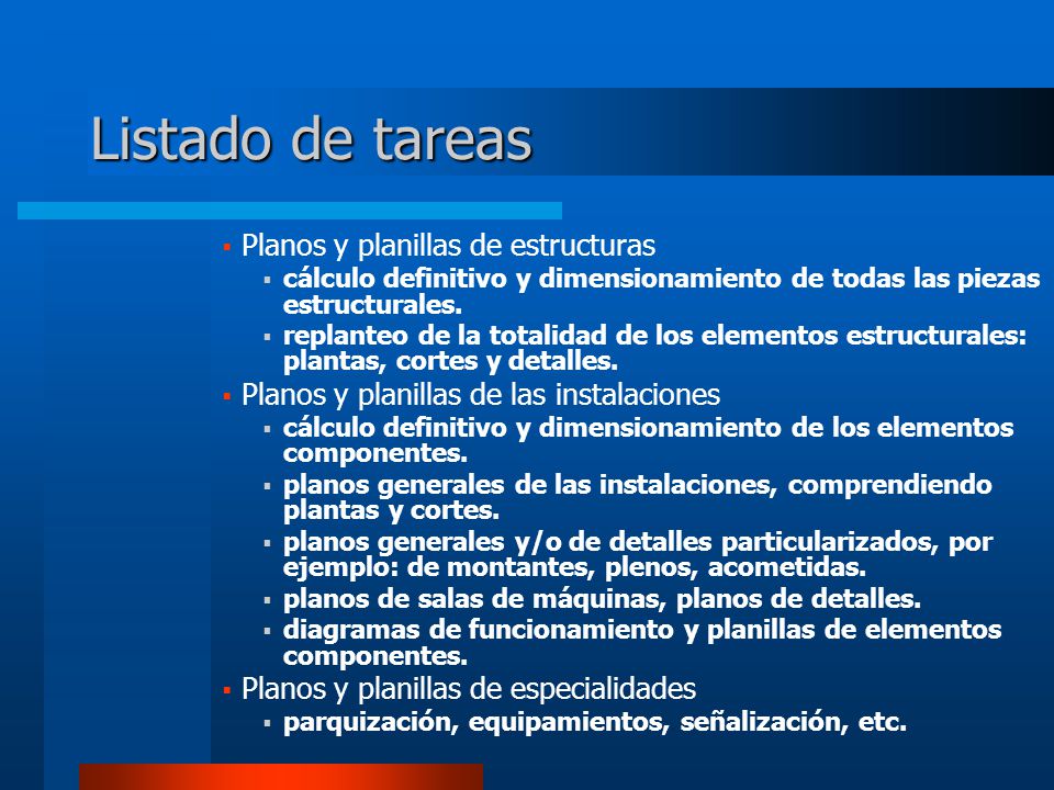 Listado de tareas Planos y planillas de estructuras