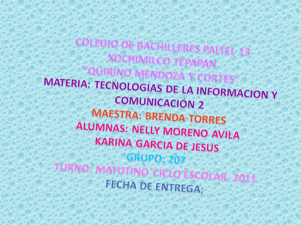 COLEGIO DE BACHILLERES PALTEL 13 XOCHIMILCO TEPAPAN QUIRINO MENDOZA Y CORTES MATERIA: TECNOLOGIAS DE LA INFORMACION Y COMUNICACIÓN 2 MAESTRA: BRENDA TORRES ALUMNAS: NELLY MORENO AVILA KARINA GARCIA DE JESUS GRUPO: 207 TURNO: MATUTINO CICLO ESCOLAR.