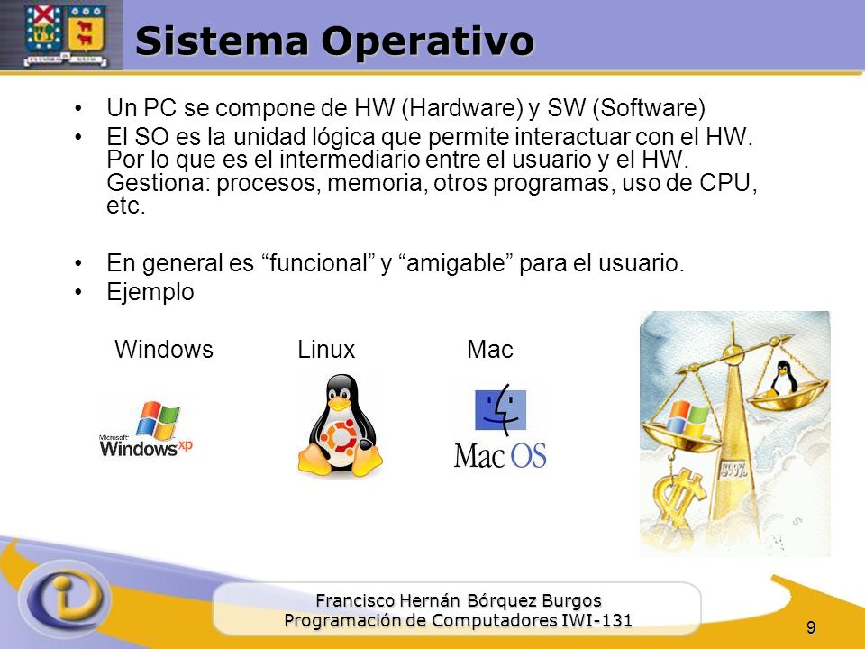 Sistema Operativo Un PC se compone de HW (Hardware) y SW (Software)
